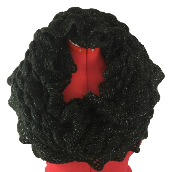 Ruffle Edge Black Soft Silver Metallic Thread Cable Knit Infinity Loop Scarf - Picture 4 of 10